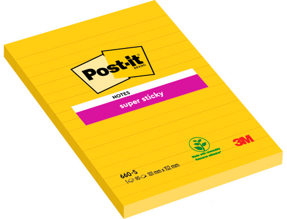 BLOC DE NOTAS ADHESIVAS QUITA Y PON POST-IT SUPER STICKY RAYADO AMARILLO ULTRA 102X152 MM