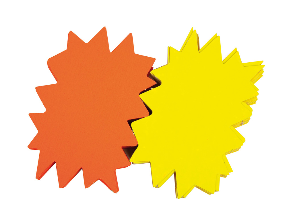 CARTEL CARTULINA ETIQUETA MARCAPRECIOS AMARILLO/NARANJA FLUORESCENTE 80X120 MM 450 GR PACK DE 50 UNIDADES