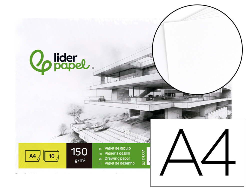 PAPEL DIBUJO LIDERPAPEL 210X297MM 150G/M2 SIN RECUADRO PACK DE 10 HOJAS